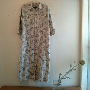 Like New Floral 100% Linen Maxi Shirt Dress/Duster Size L Petite Cottagecore